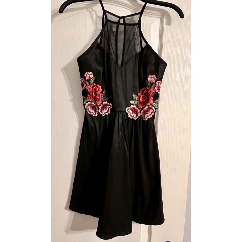 Teeze me black Satin Rose Embroidered Mini Dress Y2K Illusion Mesh Coquette XS